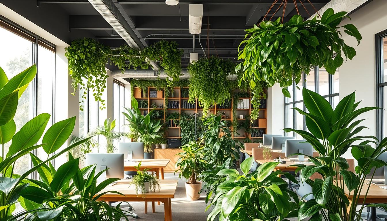 biophilic office design - A modern office interior filled with lush greenery, featuring large houseplants like snake plants and pothos, natural light streaming through floor-to-ceiling windows, wooden furniture and biophilic design elements integrating nature with a calm workspace ambiance.