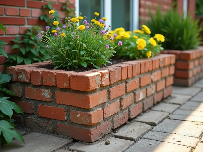 Brick Planter in Front of House The No Nonsense Guide 1: Flowers in a brick raised garden bed.