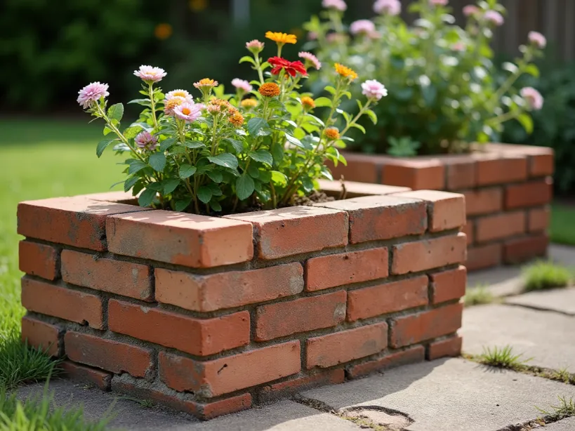 Brick Planter in Front of House The No Nonsense Guide 2: Square brick planters with colorful garden flowers.