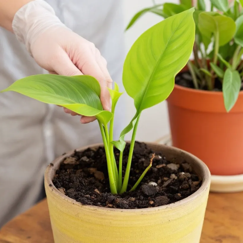 Hand tending a healthy philodendron plant in pot. Houseplant care.