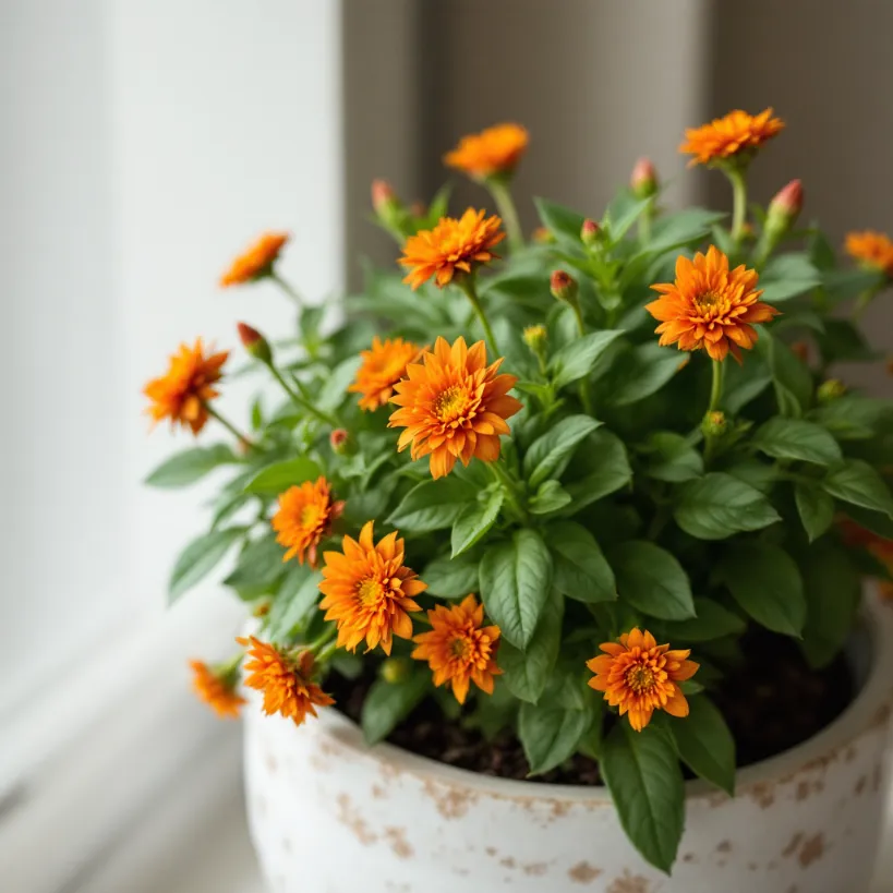 House plants with orange flowers 2 in decorative pot; indoor flowering plants.