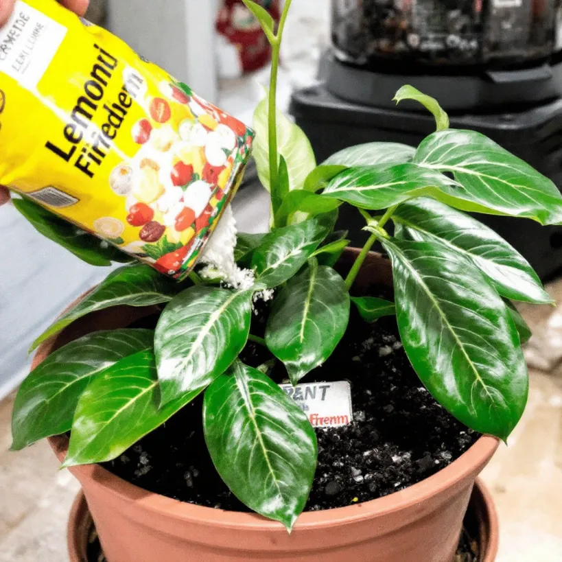 Fertilizing a Lemon Lime Philodendron plant in a pot with bright green leaves.