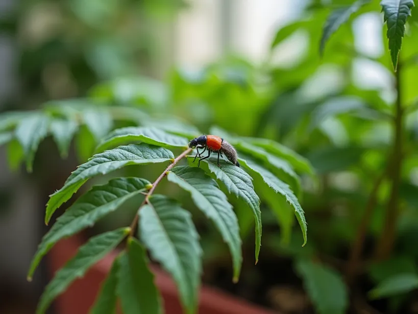 Red-shouldered bug on a houseplant: organic pest control for houseplants keeping the little bastards at bay.