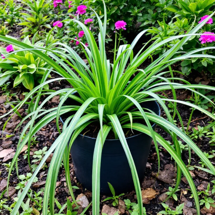 Potted Outdoor Spider plant 2 with vibrant green and white striped leaves.