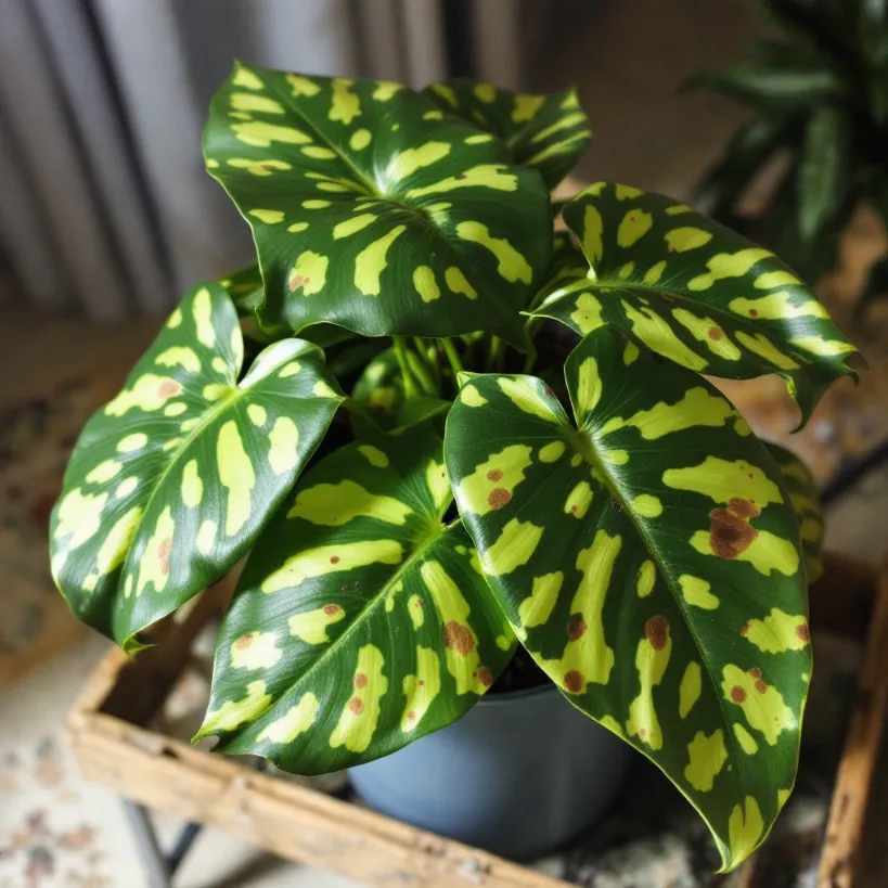 Potted Philodendron leaves turning brown, showing signs of plant disease/damage.