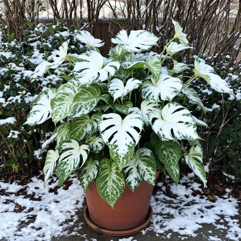 Potted Monstera Philodendron in cold weather, dusted with snow. Protecting tropical plants.