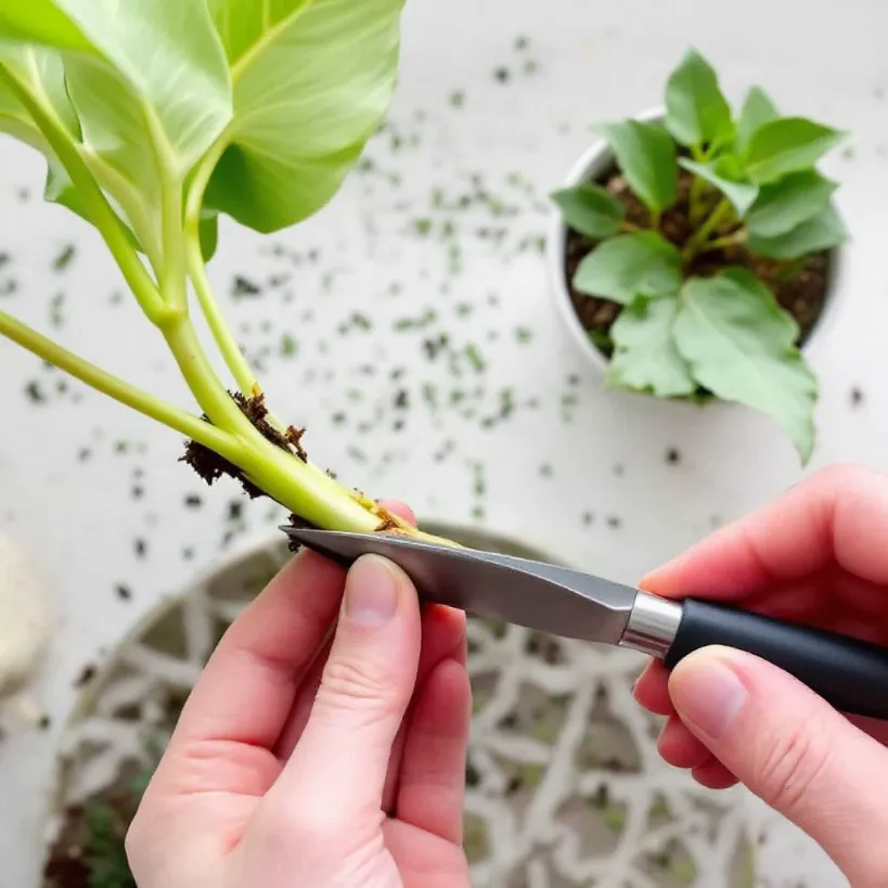 Philodendron plant propagation 2: Hands cutting stem to create plant cuttings.