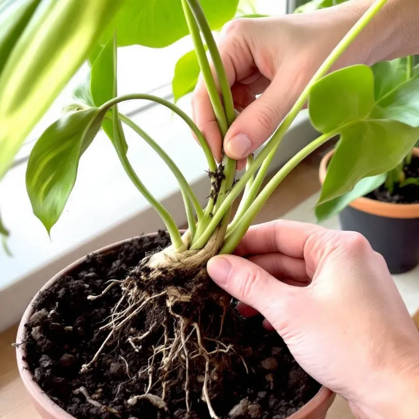 Hands preparing a Philodendron plant propagation 5 with visible roots in potting soil.