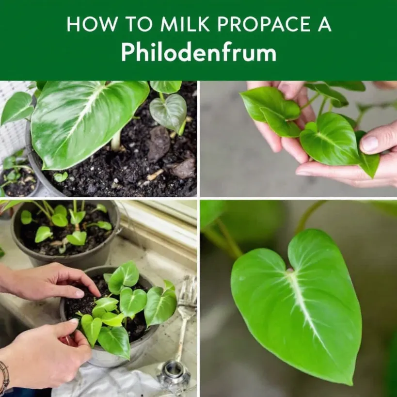 Philodendron plant propagation steps, showing new cuttings growing in soil.