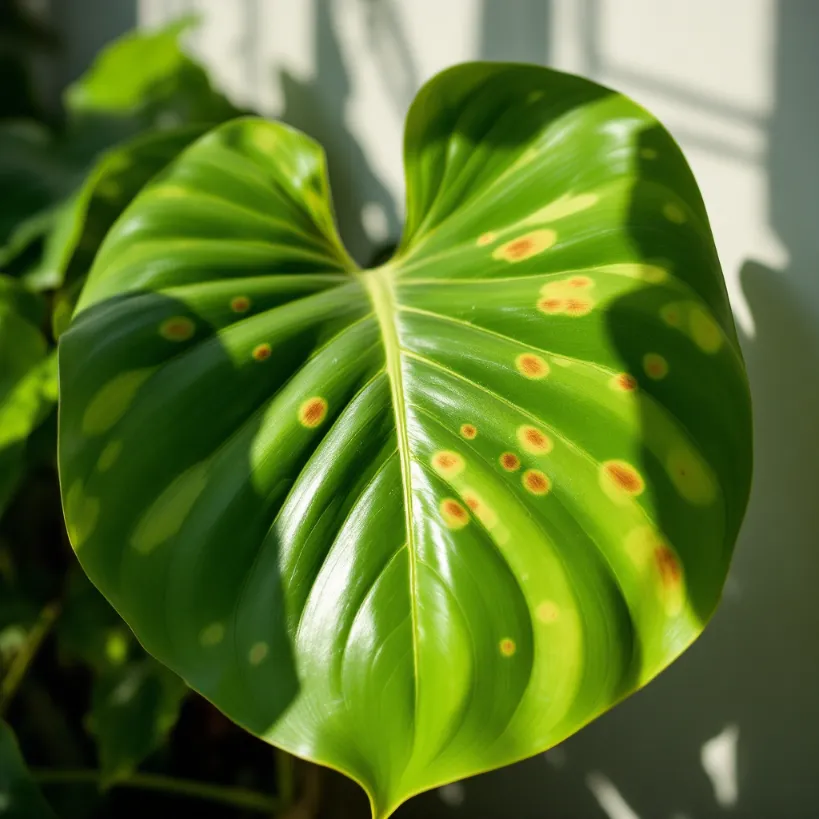 Close-up of a Philodendron plant with brown spots. Identifying possible plant diseases.