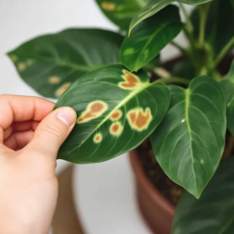 Hand inspecting a Philodendron plant with brown spots, a possible sign of leaf spot disease.