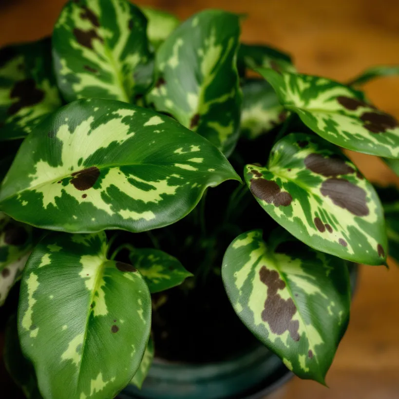 Close-up of a Philodendron plant with brown spots, possibly disease-related.