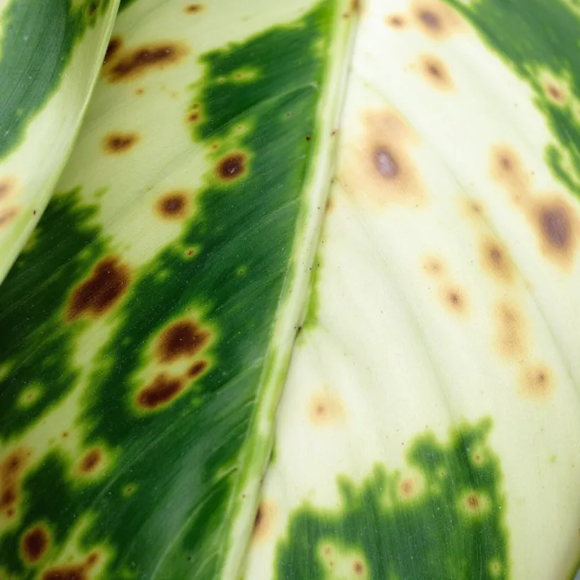 Close-up of a Philodendron plant leaf with brown spots, possibly indicating a fungal infection.