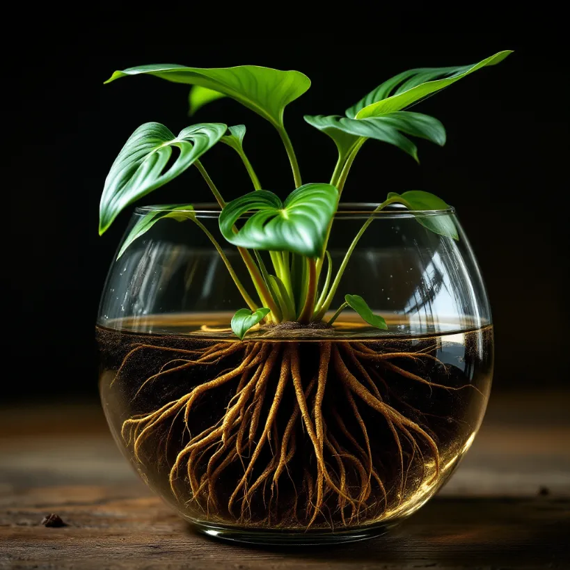 Philodendron roots growing in water. How to propagate philodendrons in water using a glass vase.