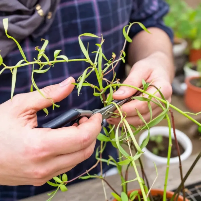 Pruning spider plants 5: Person trimming houseplant stems with small garden shears.