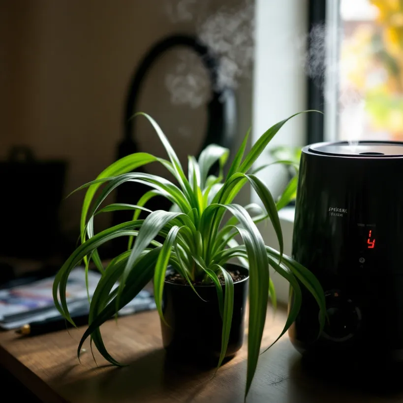 Spider plant in a humid environment 6. Home humidifier helps houseplant thrive.