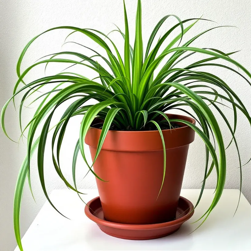 Spider plant in a perfect pot 7: a healthy Chlorophytum comosum in a terra cotta container.