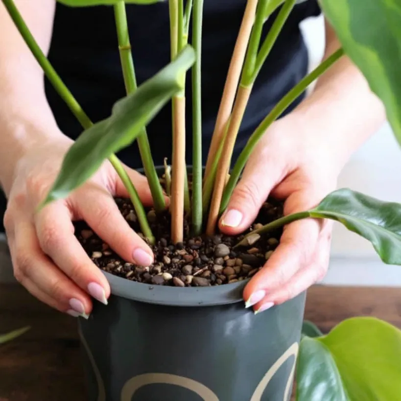 Hands staking a Philodendron plant in potting soil for climbing support.