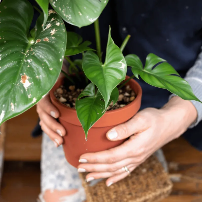 Watering Needs of Philodendron Brasil plant 6: Hands hold a potted houseplant with dripping water.