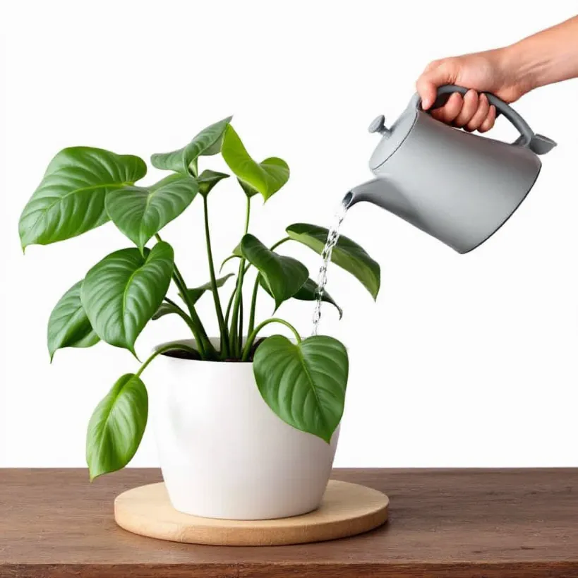 Watering needs of philodendrons 8: Hand pouring water on a potted philodendron plant.