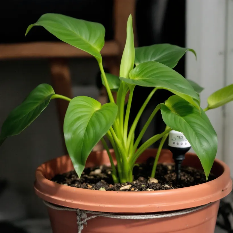 Potted philodendron with a moisture sensor, showing watering needs for philodendrons and houseplant care.