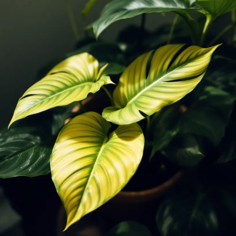 Close-up of a Philodendron plant with yellowing leaves, showing signs of plant disease or nutrient deficiency.