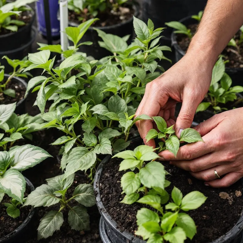 Hands tending to potted plants, illustrating caring for house plants 2.