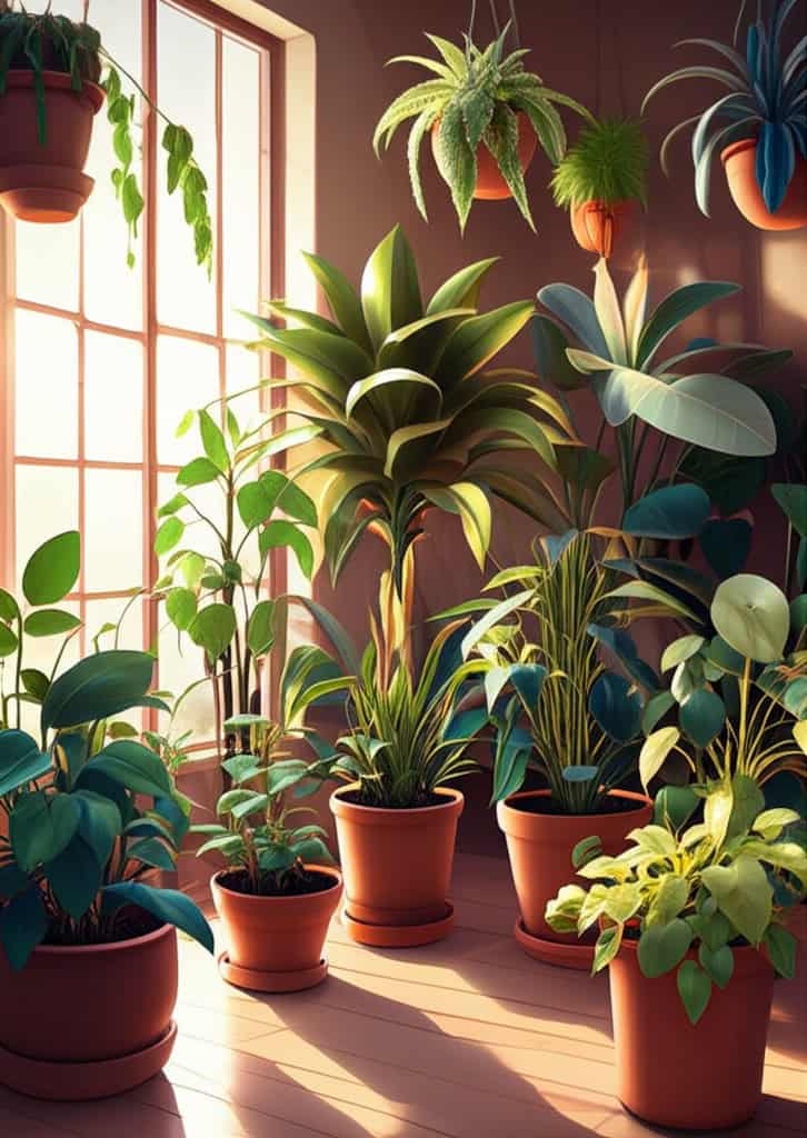 Indoor plants collection in pots near sunlit window, showcasing seasonal greenery.