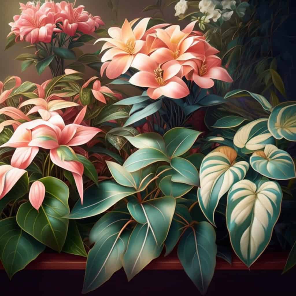 Winter flowering houseplants: lilies, anthuriums, and variegated philodendron.
