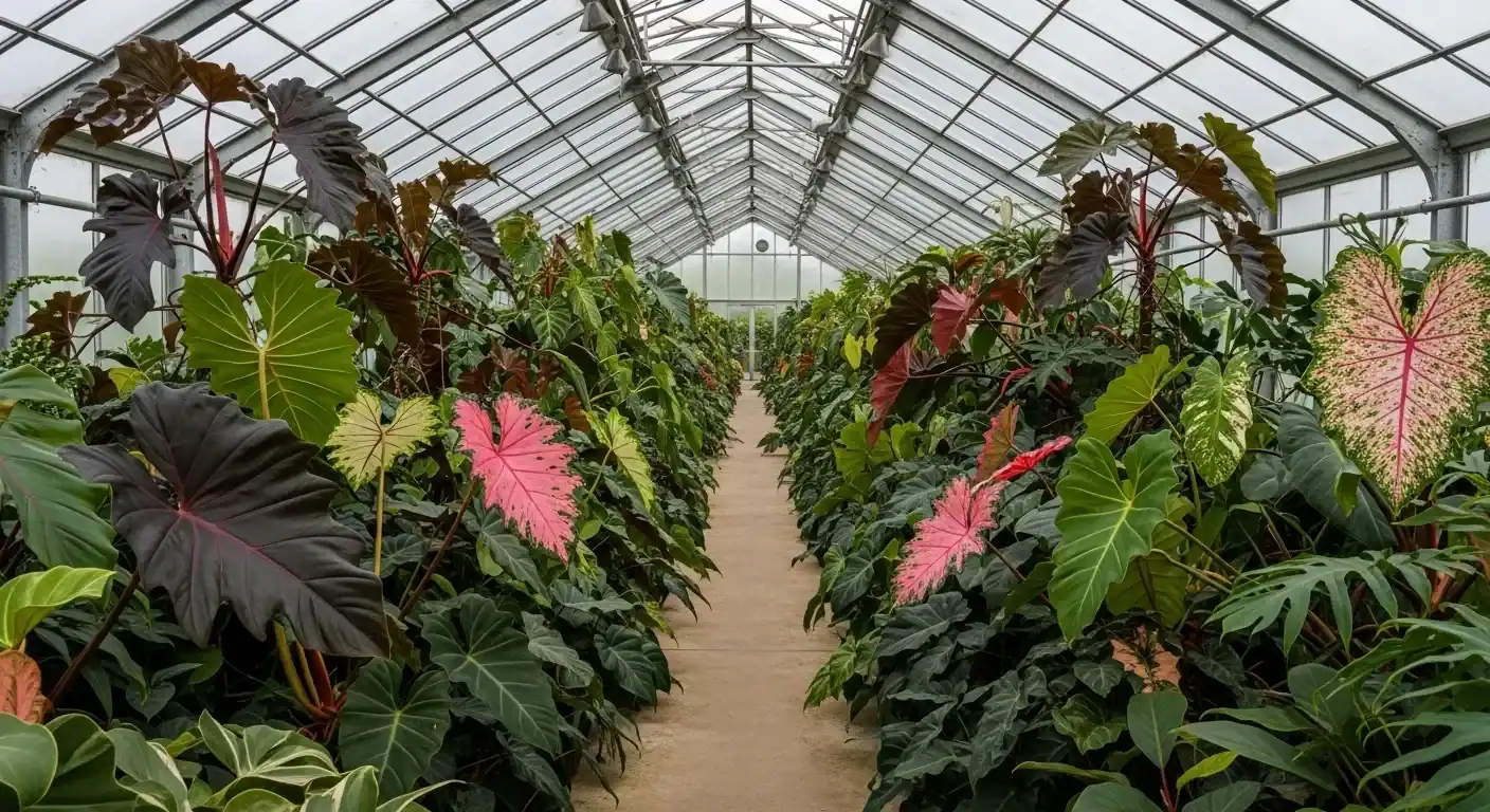 Greenhouse interior with alocasia, caladium, and tropical foliage plants