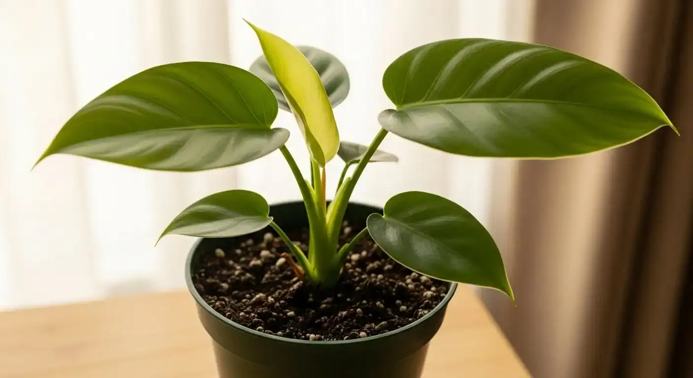 Philodendron Birkin indoors with variegated leaves, illustrating how bright indirect light supports color and compact growth.