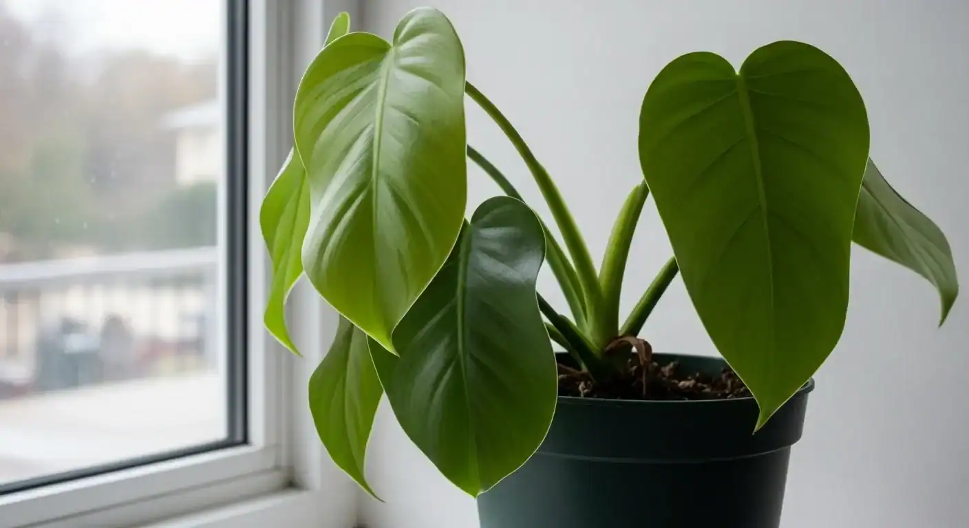 Philodendron Brasil placed near a bright window to show ideal bright indirect light for healthy indoor growth.