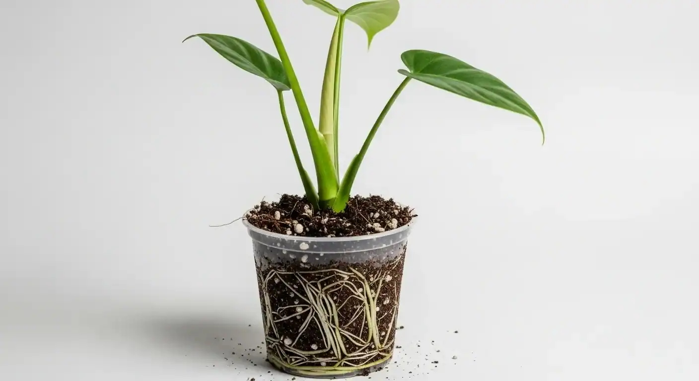 Healthy philodendron rooted cutting showing visible root development and airy moisture balance for propagation and repotting decisions