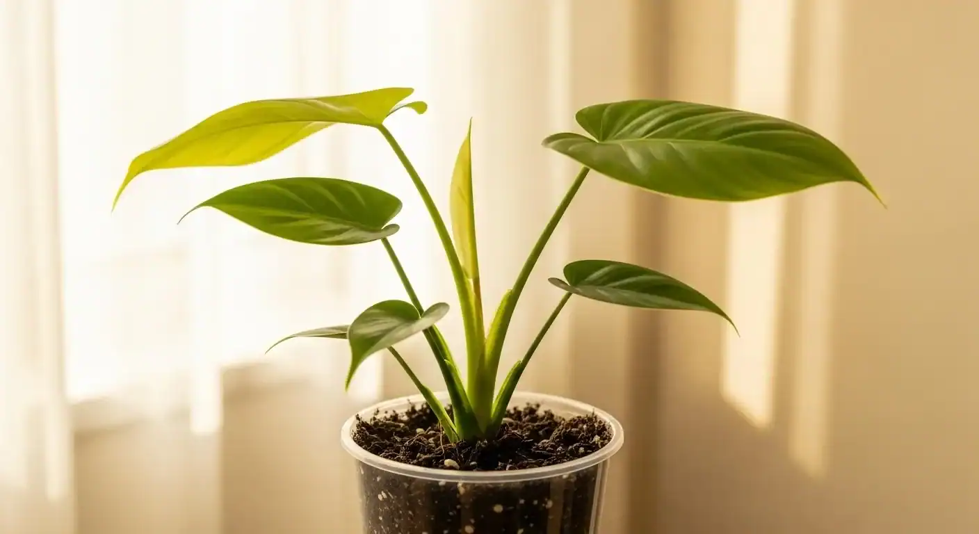 Philodendron Brasil in a clear pot showing root zone visibility for better watering decisions.