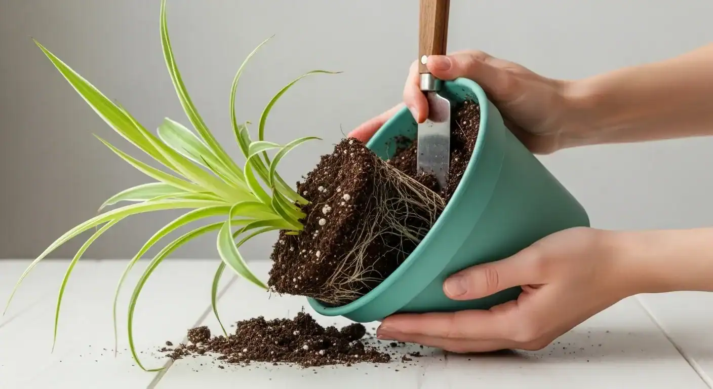 Repotting a houseplant into fresh potting mix