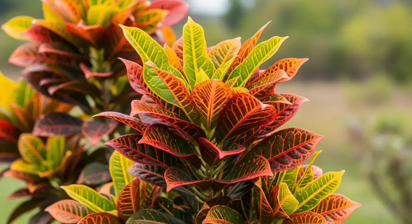 Colorful croton plant with bright variegated foliage outdoors