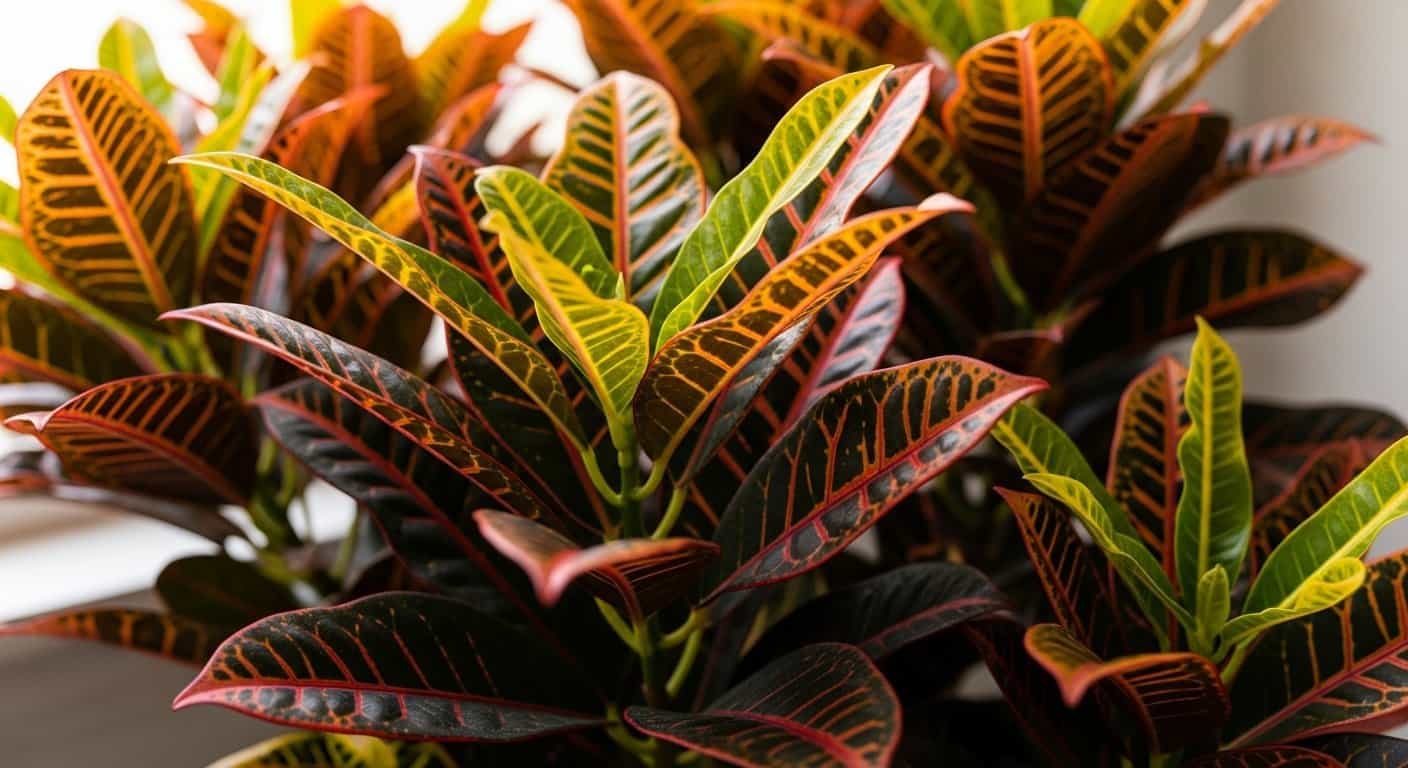 Close-up of colorful croton foliage with red, orange, yellow, and green leaves