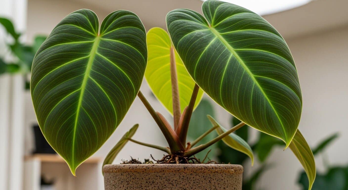 Close-up of a Philodendron Verrucosum showing its velvety dark green leaves with light green veins, thriving in an indoor pot.