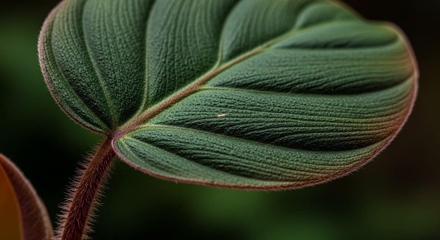 Close-up of a Philodendron Verrucosum leaf, showcasing its deep green, velvety texture, reddish undersides, and fuzzy petiole, illustrating expert plant care.