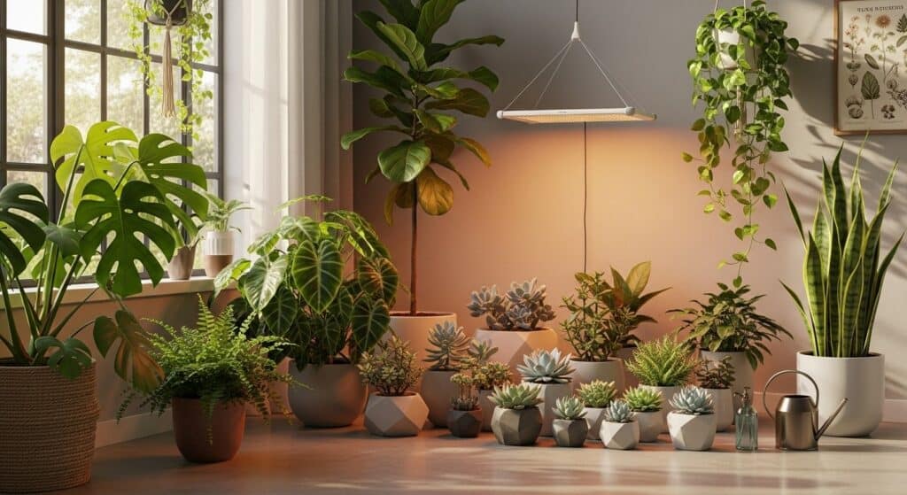 Houseplant lighting guide showing how indoor plant placement near windows affects bright indirect light and healthy leaf growth.