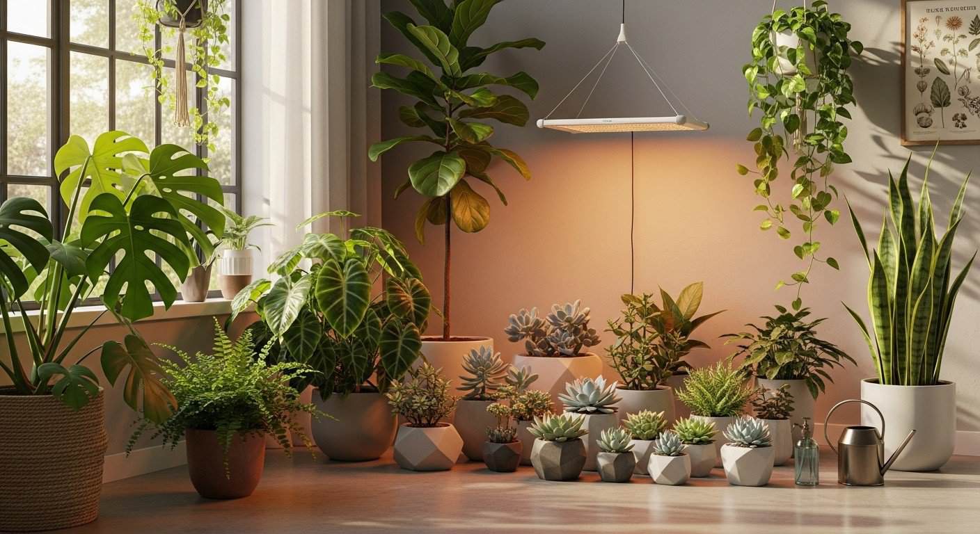 Houseplant lighting guide showing how indoor plant placement near windows affects bright indirect light and healthy leaf growth.