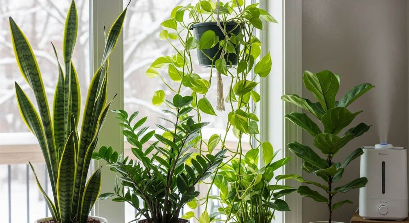 Vibrant indoor plants thriving by a sunny window in winter, <a href=