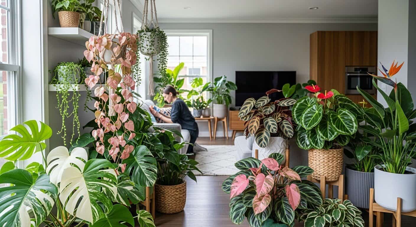 Indoor plant room with healthy foliage plants grouped together