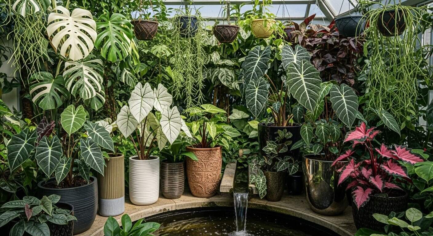 Collection of rare tropical houseplants with variegated foliage and aroids