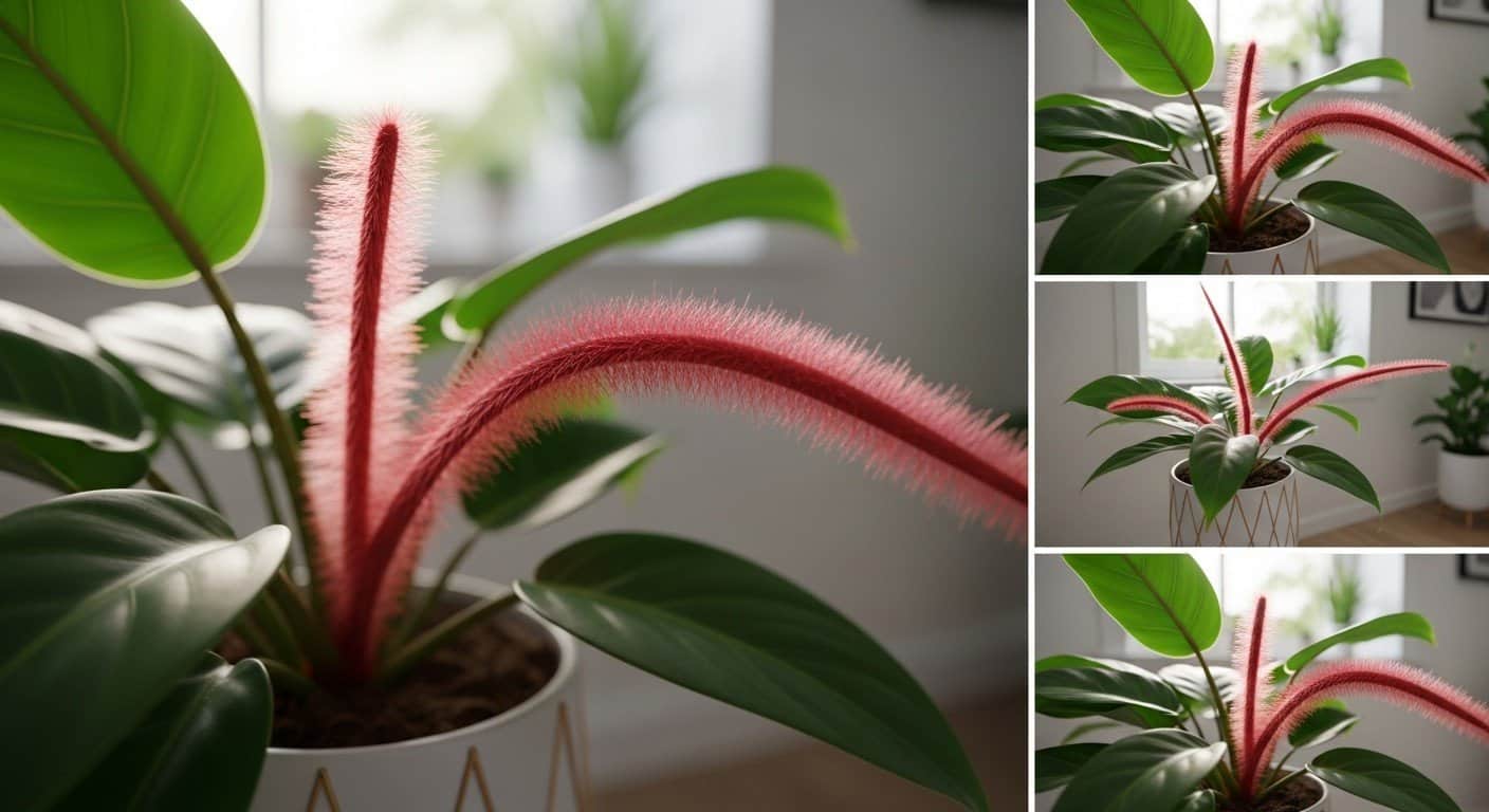 A vibrant Fuzzy Petiole Philodendron plant in a terracotta pot, highlighting its fuzzy red stems and glossy green leaves in a bright indoor setting. This image accompanies a care guide for fuzzy petiole philodendrons.