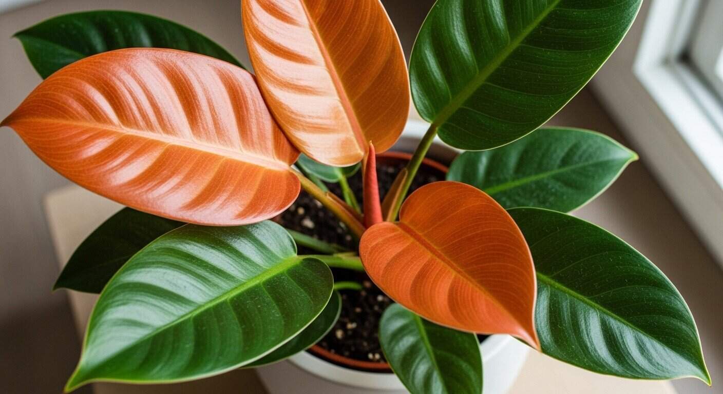 A Prince of Orange Philodendron houseplant displaying its unique orange, red, and green variegated leaves, in a minimalist pot, perfect for indoor plant care guides and home decor inspiration.