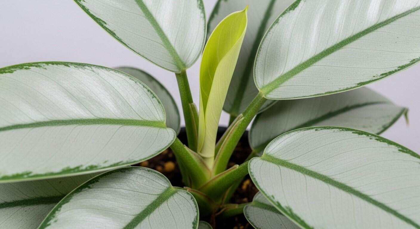 A close-up of a healthy Philodendron Silver Sword houseplant with its unique, elongated silvery-green leaves prominently displayed in a modern pot, illustrating care and growth.