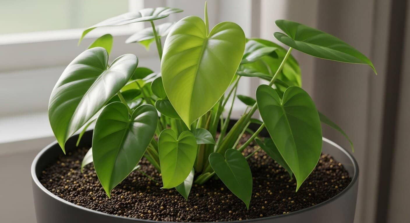 Healthy heartleaf philodendron-style foliage in a pot near a bright window