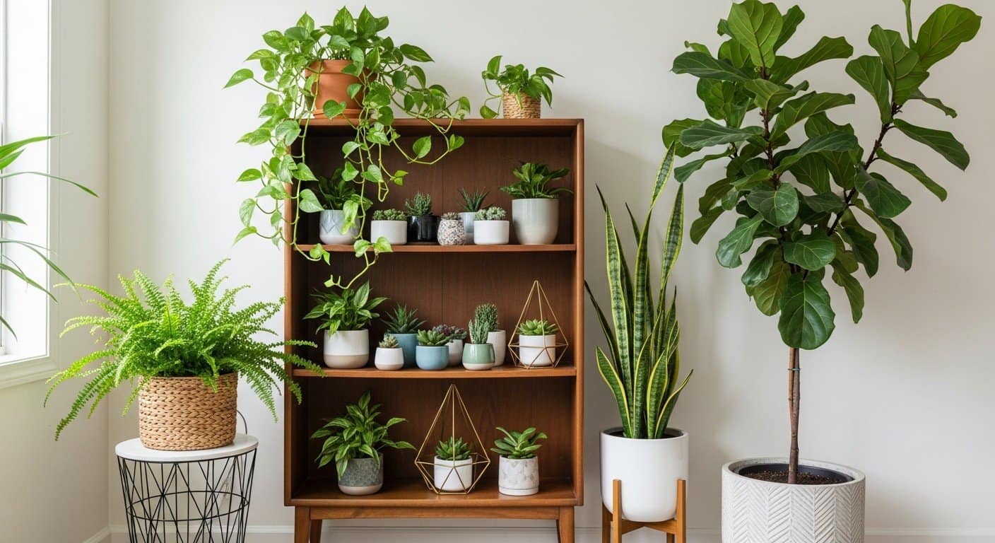A beautifully styled indoor living space featuring a curated collection of various houseplants in diverse pots, enhancing the room's aesthetic with lush greenery.
