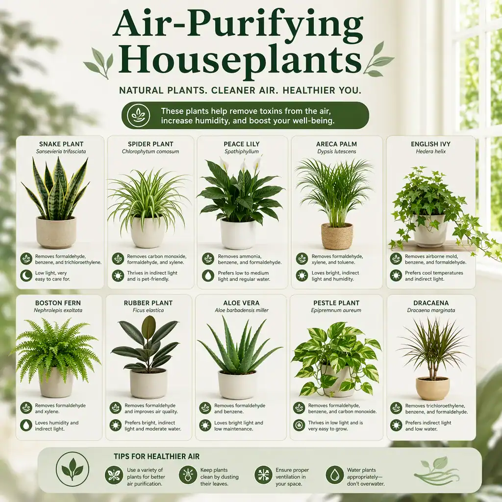 Air-purifying houseplants arranged in a bright premium indoor room — PlantasticHaven
